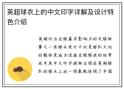 英超球衣上的中文印字详解及设计特色介绍
