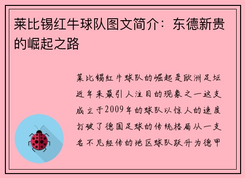 莱比锡红牛球队图文简介：东德新贵的崛起之路